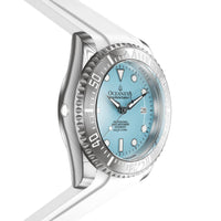 Thumbnail for Oceaneva Mens Deep Marine Explorer II Damascus Steel Watch Sky Blue Dial White Rubber - DM200LBL-WhiteStrap Automatic watches, damascus steel, Damascus Steel Watch, Diver watch, White FKM rubber strap
