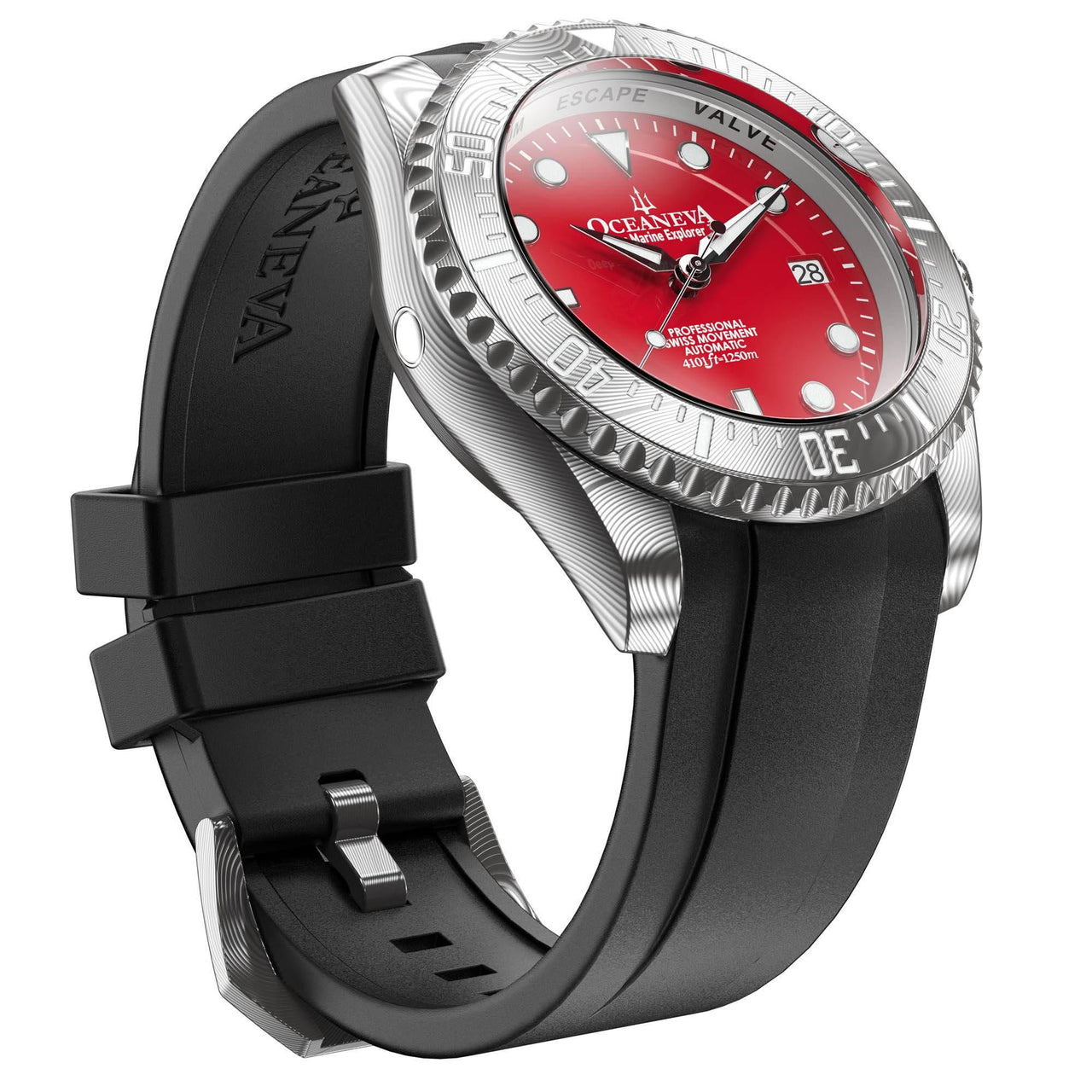 Oceaneva Mens Deep Marine Explorer II Damascus Steel Watch Red Dial - DM200RD Automatic watches, Black FKM rubber strap, damascus steel, Damascus Steel Watch, Diver watch