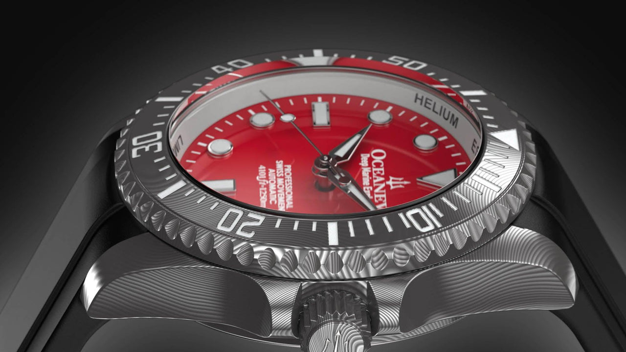 Oceaneva Mens Deep Marine Explorer II Damascus Steel Watch Red Dial - DM200RD Automatic watches, Black FKM rubber strap, damascus steel, Damascus Steel Watch, Diver watch