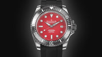 Thumbnail for Oceaneva Mens Deep Marine Explorer II Damascus Steel Watch Red Dial - DM200RD Automatic watches, Black FKM rubber strap, damascus steel, Damascus Steel Watch, Diver watch