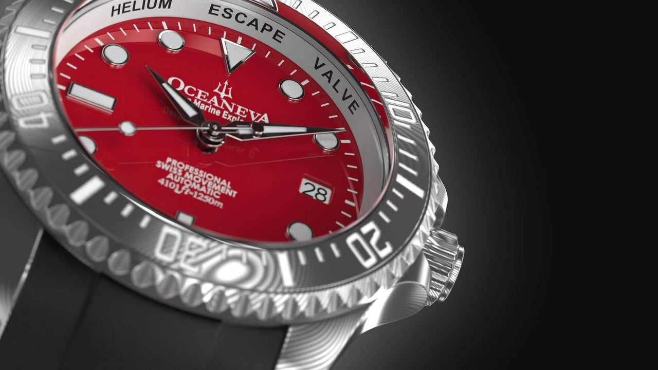 Oceaneva Mens Deep Marine Explorer II Damascus Steel Watch Red Dial - DM200RD Automatic watches, Black FKM rubber strap, damascus steel, Damascus Steel Watch, Diver watch