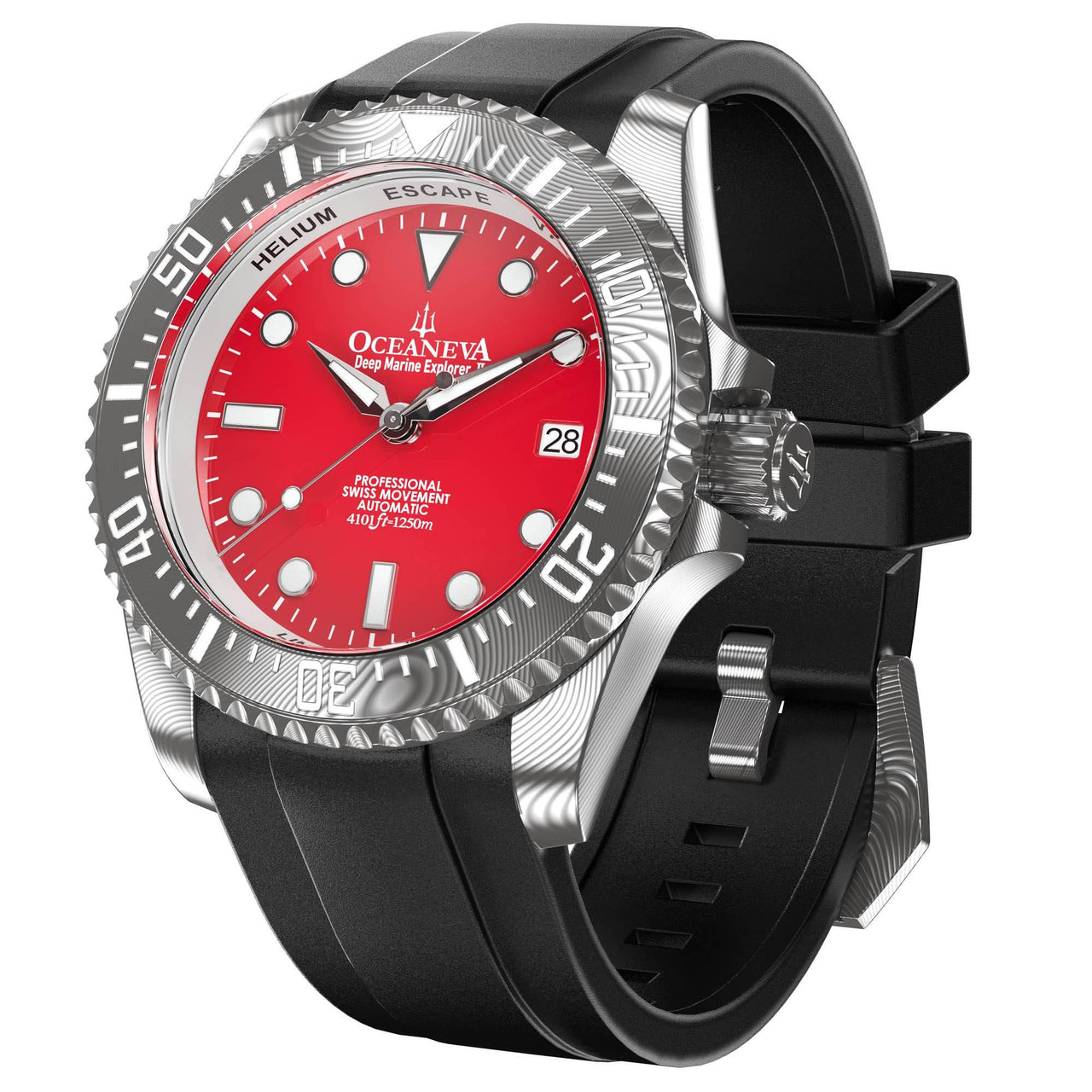 Oceaneva Mens Deep Marine Explorer II Damascus Steel Watch Red Dial - DM200RD Automatic watches, Black FKM rubber strap, damascus steel, Damascus Steel Watch, Diver watch