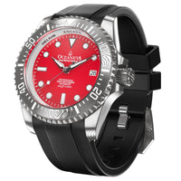 Thumbnail for Oceaneva Mens Deep Marine Explorer II Damascus Steel Watch Red Dial - DM200RD Automatic watches, Black FKM rubber strap, damascus steel, Damascus Steel Watch, Diver watch