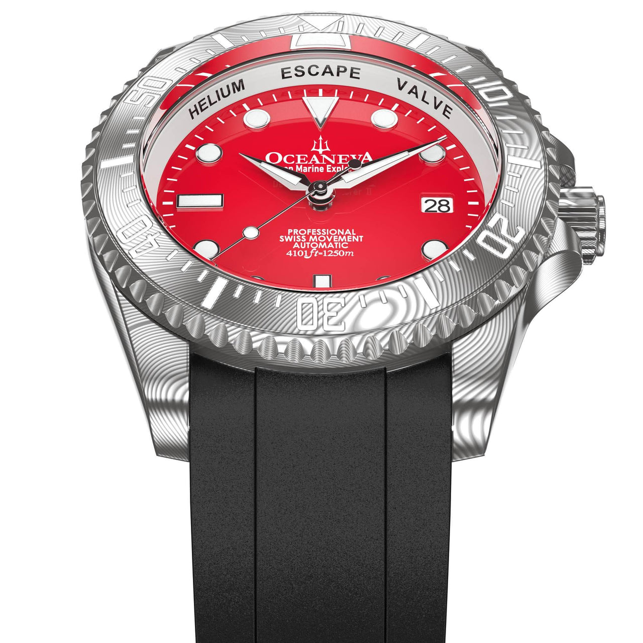 Oceaneva Mens Deep Marine Explorer II Damascus Steel Watch Red Dial - DM200RD Automatic watches, Black FKM rubber strap, damascus steel, Damascus Steel Watch, Diver watch