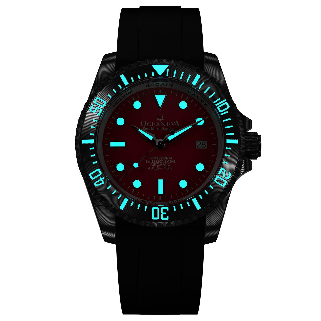 Oceaneva Mens Deep Marine Explorer II Damascus Steel Watch Red Dial - DM200RD Automatic watches, Black FKM rubber strap, damascus steel, Damascus Steel Watch, Diver watch