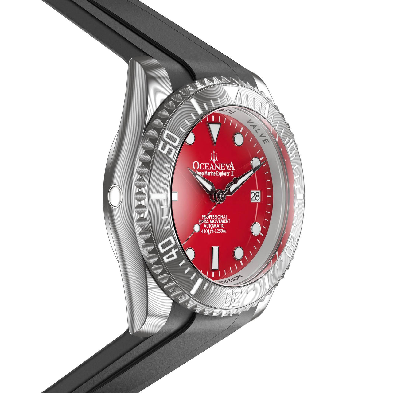 Oceaneva Mens Deep Marine Explorer II Damascus Steel Watch Red Dial - DM200RD Automatic watches, Black FKM rubber strap, damascus steel, Damascus Steel Watch, Diver watch