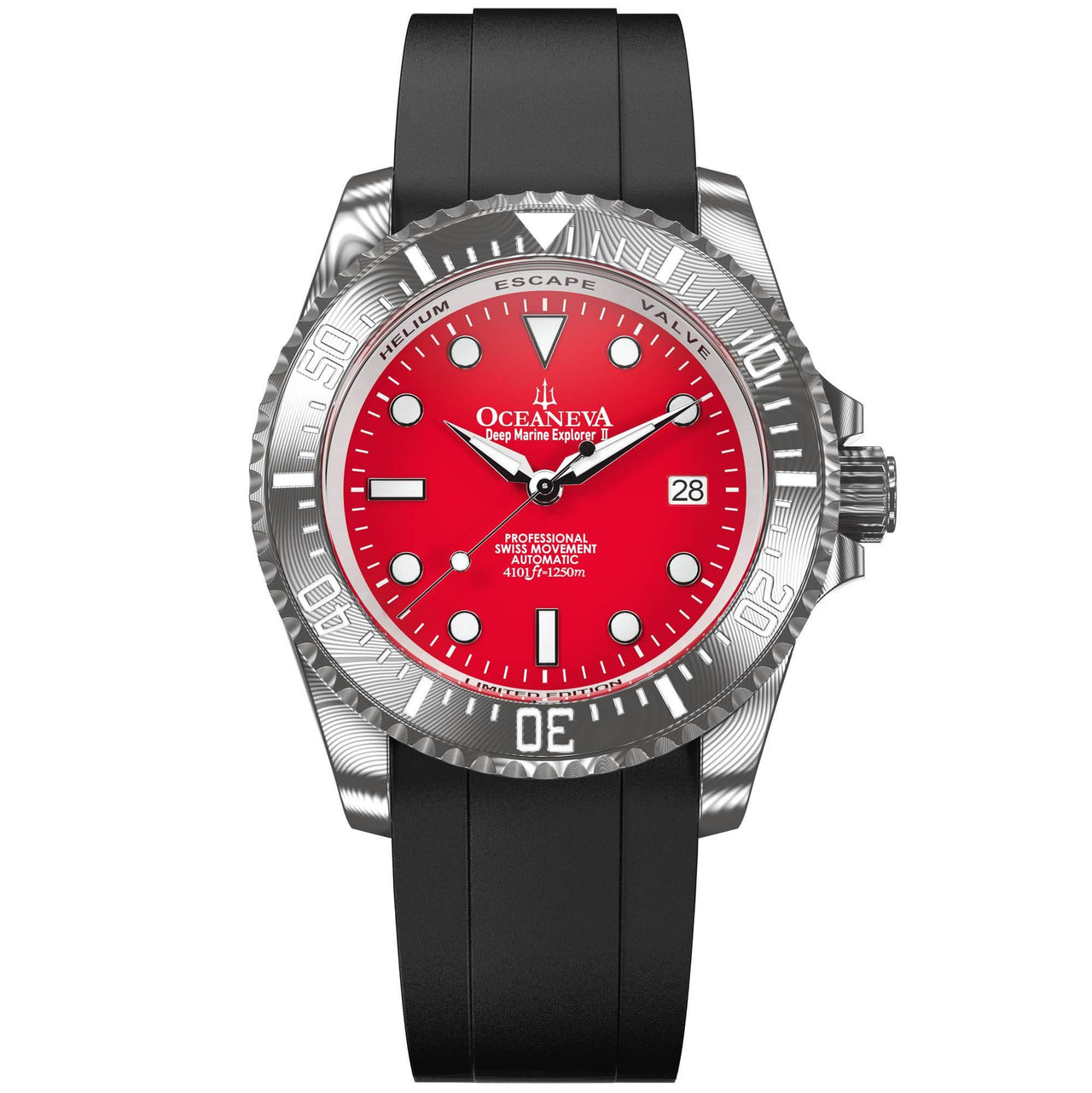 Oceaneva Mens Deep Marine Explorer II Damascus Steel Watch Red Dial - DM200RD Automatic watches, Black FKM rubber strap, damascus steel, Damascus Steel Watch, Diver watch