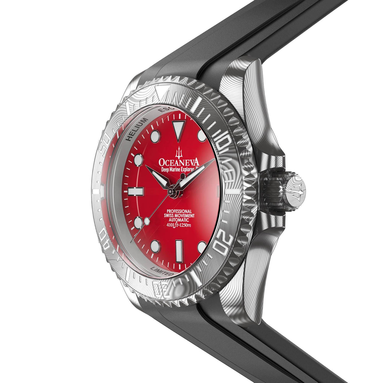 Oceaneva Mens Deep Marine Explorer II Damascus Steel Watch Red Dial - DM200RD Automatic watches, Black FKM rubber strap, damascus steel, Damascus Steel Watch, Diver watch