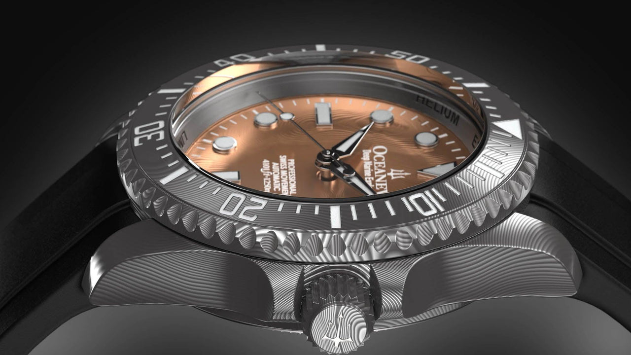 Oceaneva Mens Deep Marine Explorer II Rose Gold Damascus Steel Dial Watch Rubber - DM200RGDM Automatic watches, Black FKM rubber strap, damascus steel, Damascus Steel Watch, Diver watch