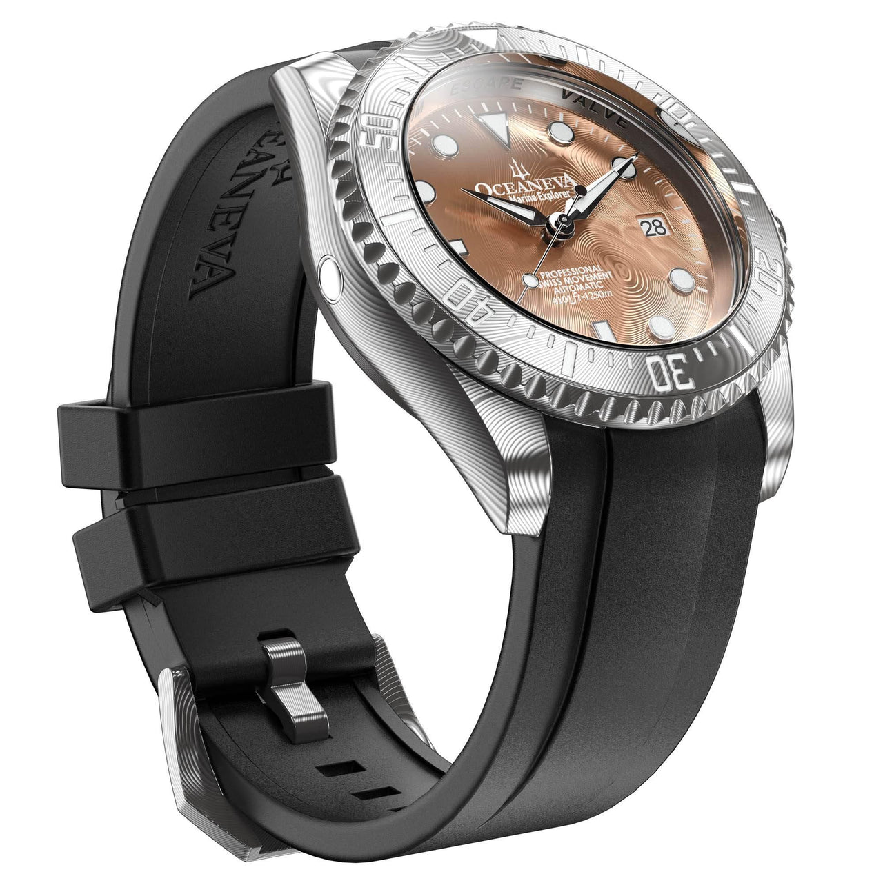 Oceaneva Mens Deep Marine Explorer II Rose Gold Damascus Steel Dial Watch Rubber - DM200RGDM Automatic watches, Black FKM rubber strap, damascus steel, Damascus Steel Watch, Diver watch