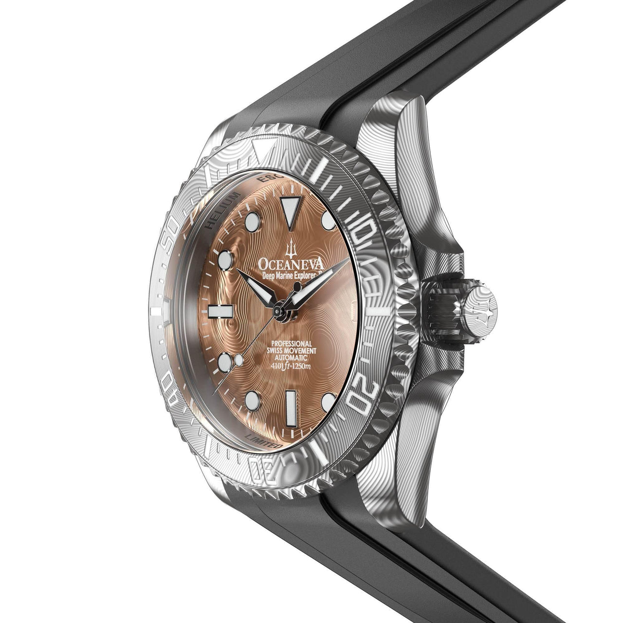 Oceaneva Mens Deep Marine Explorer II Rose Gold Damascus Steel Dial Watch Rubber - DM200RGDM Automatic watches, Black FKM rubber strap, damascus steel, Damascus Steel Watch, Diver watch