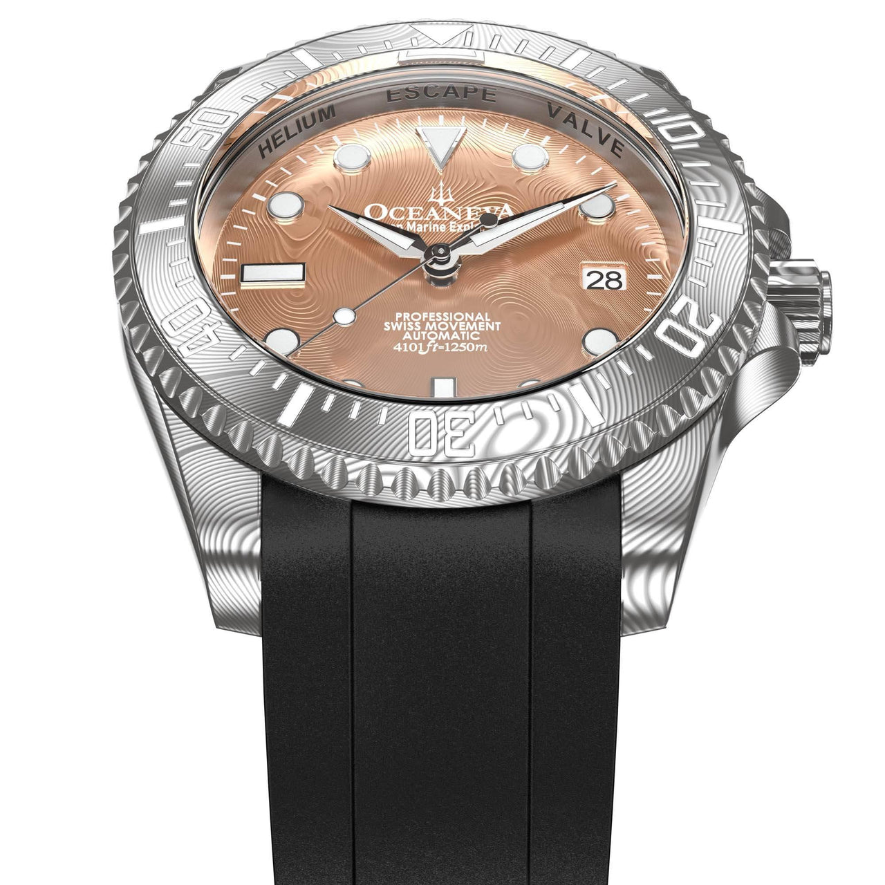Oceaneva Mens Deep Marine Explorer II Rose Gold Damascus Steel Dial Watch Rubber - DM200RGDM Automatic watches, Black FKM rubber strap, damascus steel, Damascus Steel Watch, Diver watch