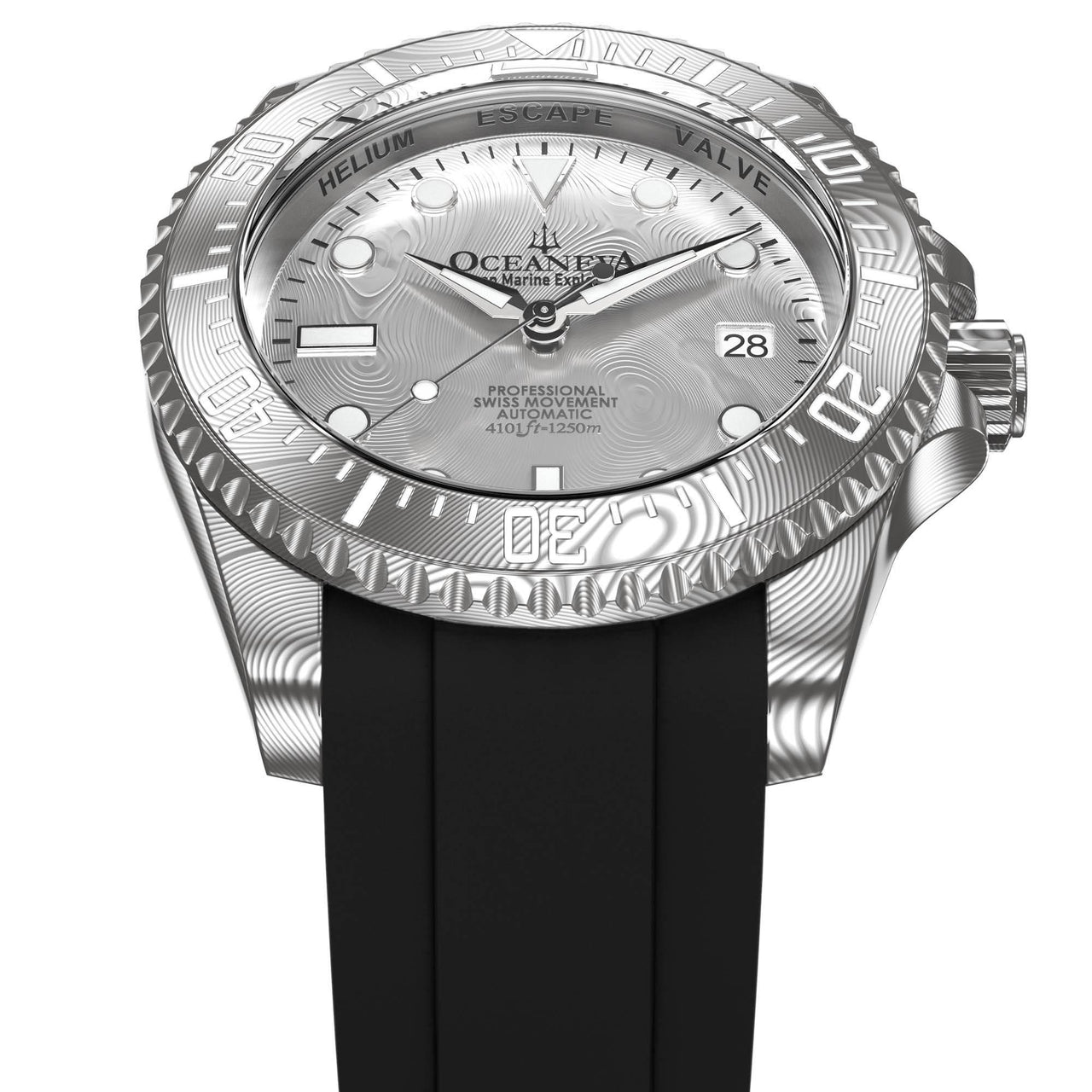 Oceaneva Mens Deep Marine Explorer II Silver Damascus Steel Dial Watch Rubber Strap - DM200SVDM-Black Strap Automatic watches, Black FKM rubber strap, damascus steel, Damascus Steel Watch, Diver watch