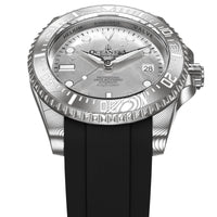 Thumbnail for Oceaneva Mens Deep Marine Explorer II Silver Damascus Steel Dial Watch Rubber Strap - DM200SVDM-Black Strap Automatic watches, Black FKM rubber strap, damascus steel, Damascus Steel Watch, Diver watch