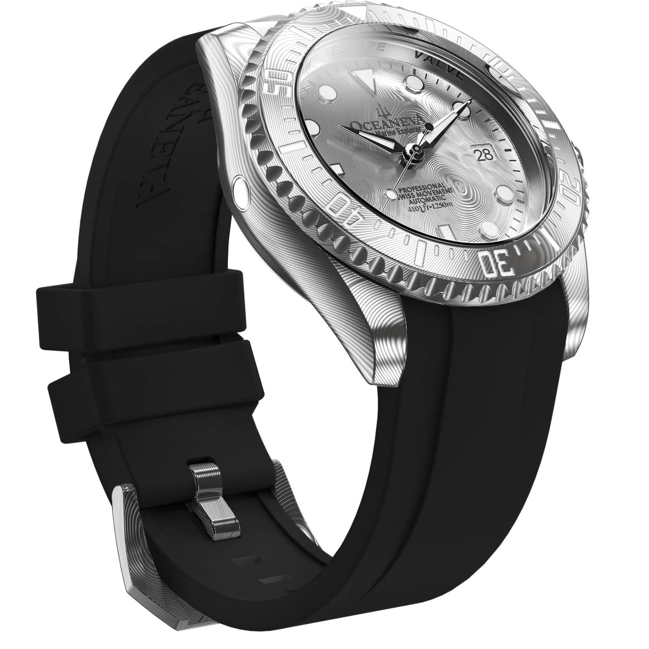Oceaneva Mens Deep Marine Explorer II Silver Damascus Steel Dial Watch Rubber Strap - DM200SVDM-Black Strap Automatic watches, Black FKM rubber strap, damascus steel, Damascus Steel Watch, Diver watch