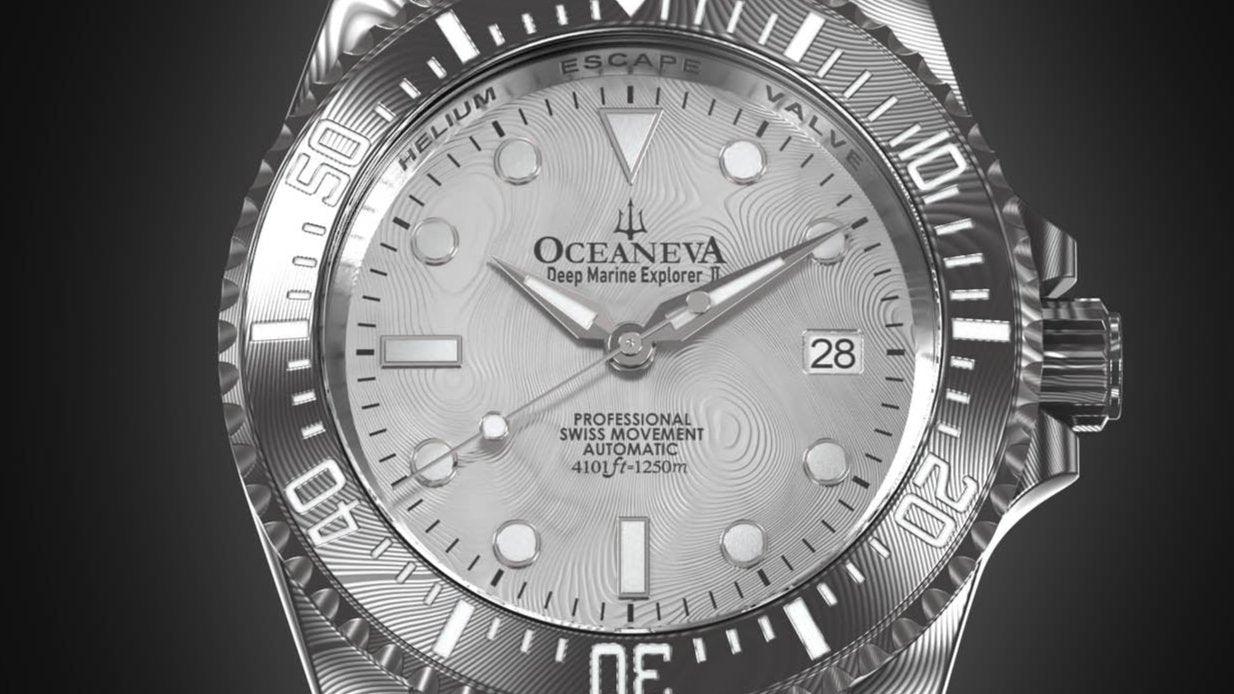 Oceaneva Mens Deep Marine Explorer II Silver Damascus Steel Dial Watch Rubber Strap - DM200SVDM-Black Strap Automatic watches, Black FKM rubber strap, damascus steel, Damascus Steel Watch, Diver watch