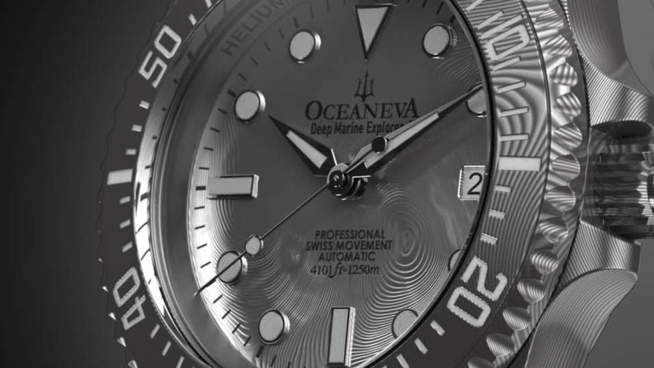 Oceaneva Mens Deep Marine Explorer II Silver Damascus Steel Dial Watch Rubber Strap - DM200SVDM-Black Strap Automatic watches, Black FKM rubber strap, damascus steel, Damascus Steel Watch, Diver watch