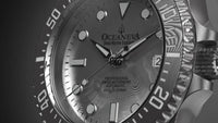 Thumbnail for Oceaneva Mens Deep Marine Explorer II Silver Damascus Steel Dial Watch Rubber Strap - DM200SVDM-Black Strap Automatic watches, Black FKM rubber strap, damascus steel, Damascus Steel Watch, Diver watch
