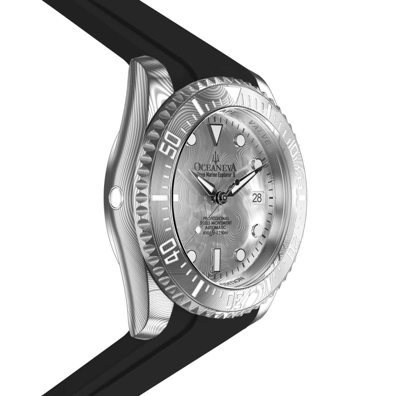 Oceaneva Mens Deep Marine Explorer II Silver Damascus Steel Dial Watch Rubber Strap - DM200SVDM-Black Strap Automatic watches, Black FKM rubber strap, damascus steel, Damascus Steel Watch, Diver watch