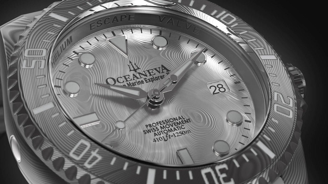Oceaneva Mens Deep Marine Explorer II Silver Damascus Steel Dial Watch Rubber Strap - DM200SVDM-Black Strap Automatic watches, Black FKM rubber strap, damascus steel, Damascus Steel Watch, Diver watch