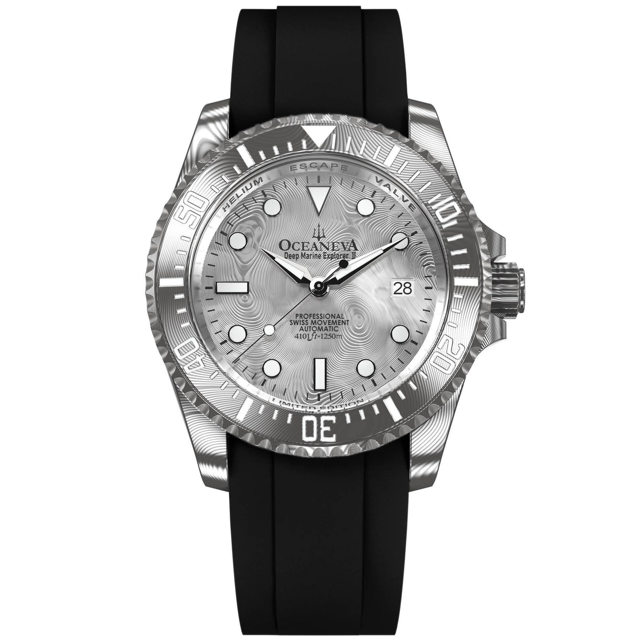 Oceaneva Mens Deep Marine Explorer II Silver Damascus Steel Dial Watch Rubber Strap - DM200SVDM-Black Strap Automatic watches, Black FKM rubber strap, damascus steel, Damascus Steel Watch, Diver watch