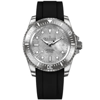 Thumbnail for Oceaneva Mens Deep Marine Explorer II Silver Damascus Steel Dial Watch Rubber Strap - DM200SVDM-Black Strap Automatic watches, Black FKM rubber strap, damascus steel, Damascus Steel Watch, Diver watch