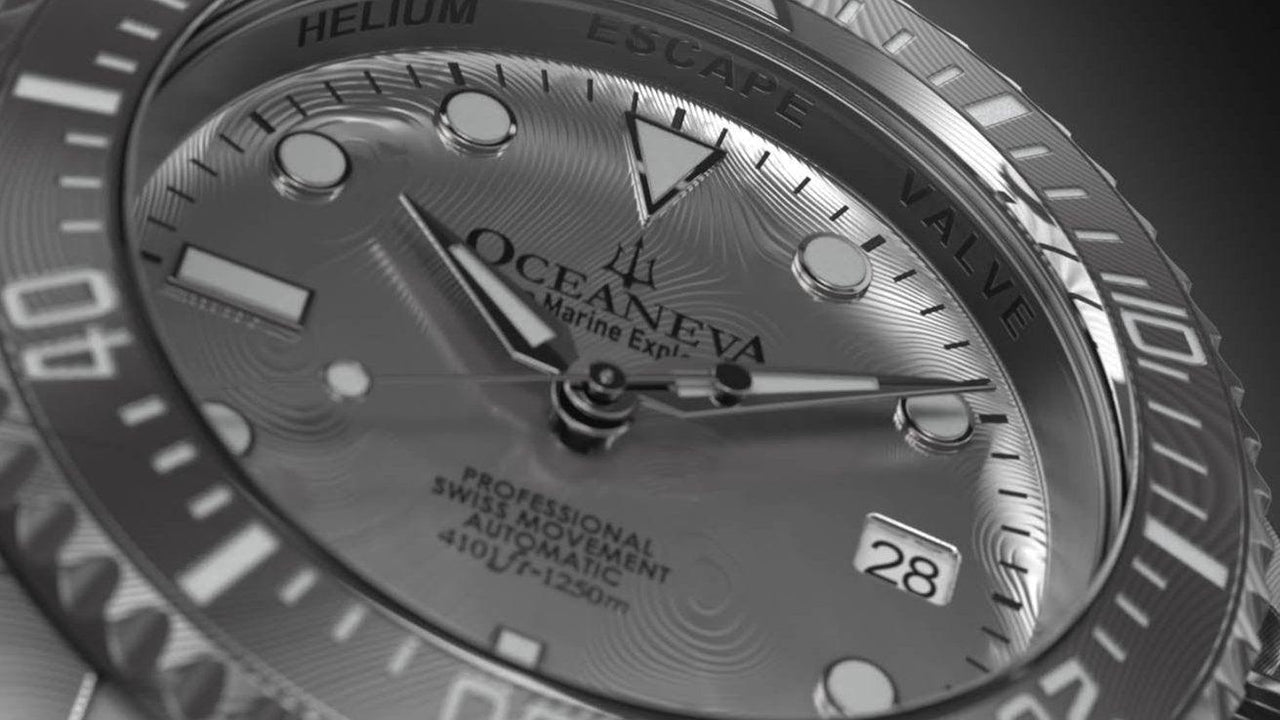 Oceaneva Mens Deep Marine Explorer II Silver Damascus Steel Dial Watch Rubber Strap - DM200SVDM-Black Strap Automatic watches, Black FKM rubber strap, damascus steel, Damascus Steel Watch, Diver watch