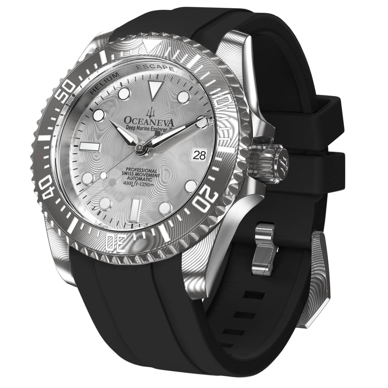Oceaneva Mens Deep Marine Explorer II Silver Damascus Steel Dial Watch Rubber Strap - DM200SVDM-Black Strap Automatic watches, Black FKM rubber strap, damascus steel, Damascus Steel Watch, Diver watch
