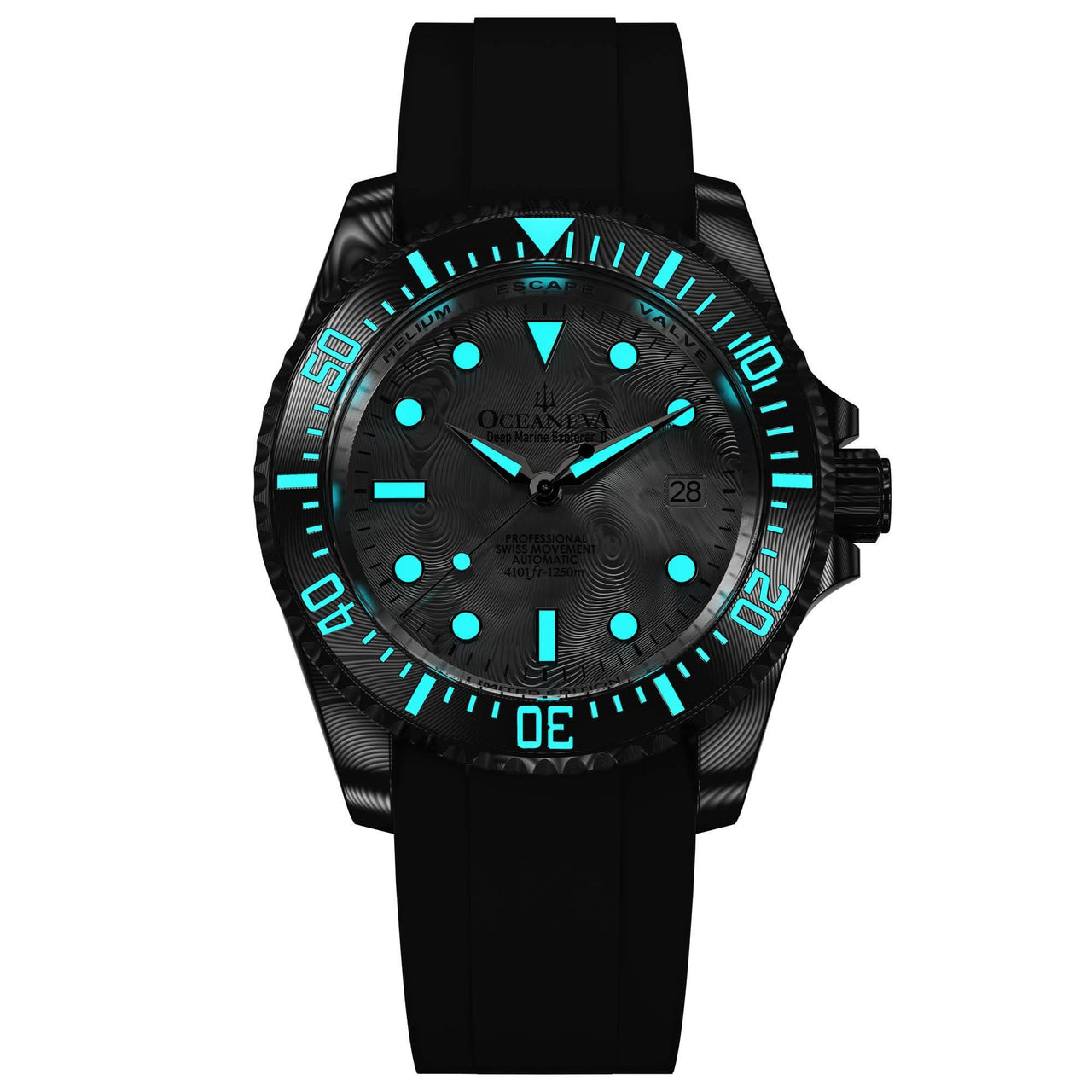 Oceaneva Mens Deep Marine Explorer II Silver Damascus Steel Dial Watch Rubber Strap - DM200SVDM-Black Strap Automatic watches, Black FKM rubber strap, damascus steel, Damascus Steel Watch, Diver watch