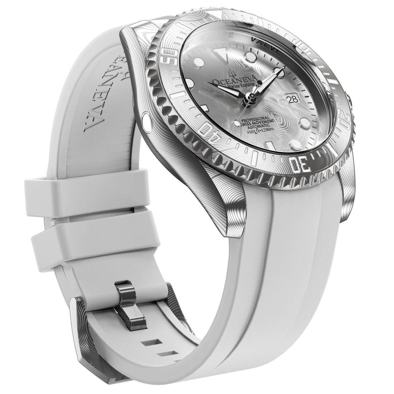 Oceaneva Mens Deep Marine Explorer II Silver Damascus Steel Dial Watch White Rubber - DM200SVDM-White Strap Automatic watches, damascus steel, Damascus Steel Watch, Diver watch, White FKM rubber strap