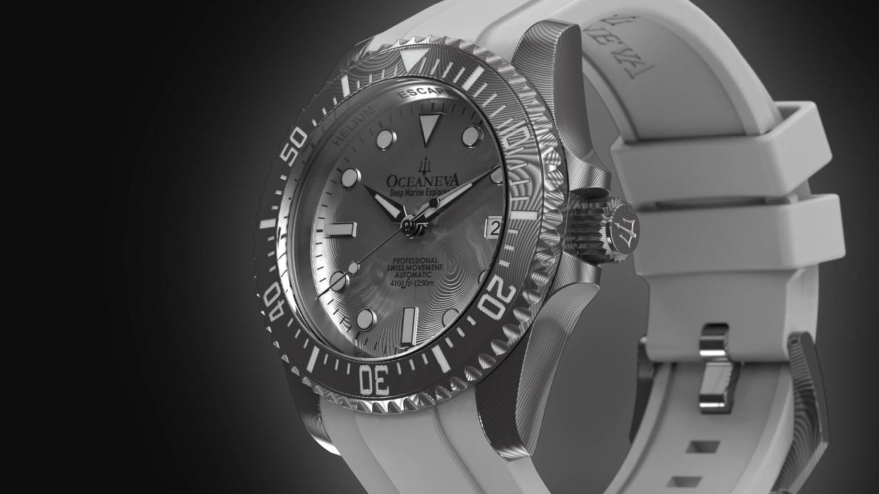 Oceaneva Mens Deep Marine Explorer II Silver Damascus Steel Dial Watch White Rubber - DM200SVDM-White Strap Automatic watches, damascus steel, Damascus Steel Watch, Diver watch, White FKM rubber strap