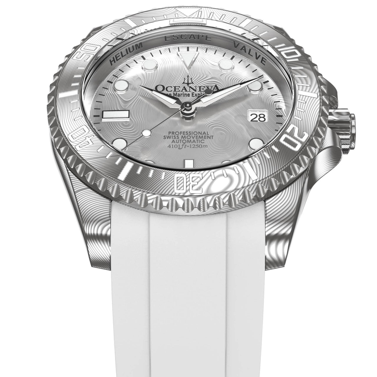 Oceaneva Mens Deep Marine Explorer II Silver Damascus Steel Dial Watch White Rubber - DM200SVDM-White Strap Automatic watches, damascus steel, Damascus Steel Watch, Diver watch, White FKM rubber strap