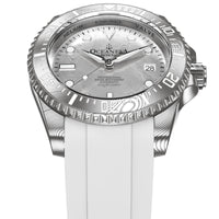 Thumbnail for Oceaneva Mens Deep Marine Explorer II Silver Damascus Steel Dial Watch White Rubber - DM200SVDM-White Strap Automatic watches, damascus steel, Damascus Steel Watch, Diver watch, White FKM rubber strap