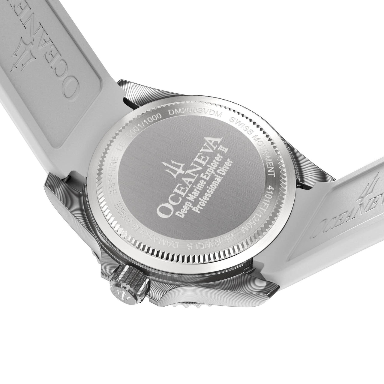 Oceaneva Mens Deep Marine Explorer II Silver Damascus Steel Dial Watch White Rubber - DM200SVDM-White Strap Automatic watches, damascus steel, Damascus Steel Watch, Diver watch, White FKM rubber strap