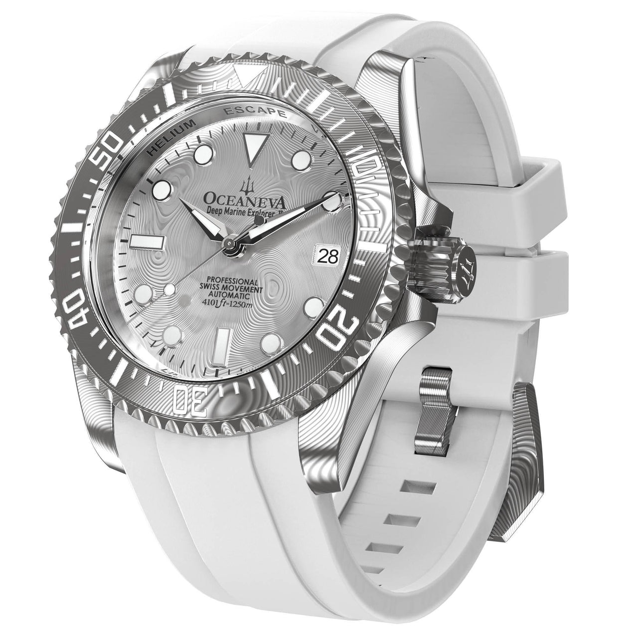 Oceaneva Mens Deep Marine Explorer II Silver Damascus Steel Dial Watch White Rubber - DM200SVDM-White Strap Automatic watches, damascus steel, Damascus Steel Watch, Diver watch, White FKM rubber strap