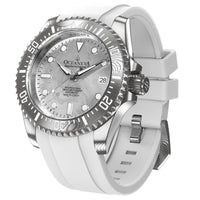 Thumbnail for Oceaneva Mens Deep Marine Explorer II Silver Damascus Steel Dial Watch White Rubber - DM200SVDM-White Strap Automatic watches, damascus steel, Damascus Steel Watch, Diver watch, White FKM rubber strap