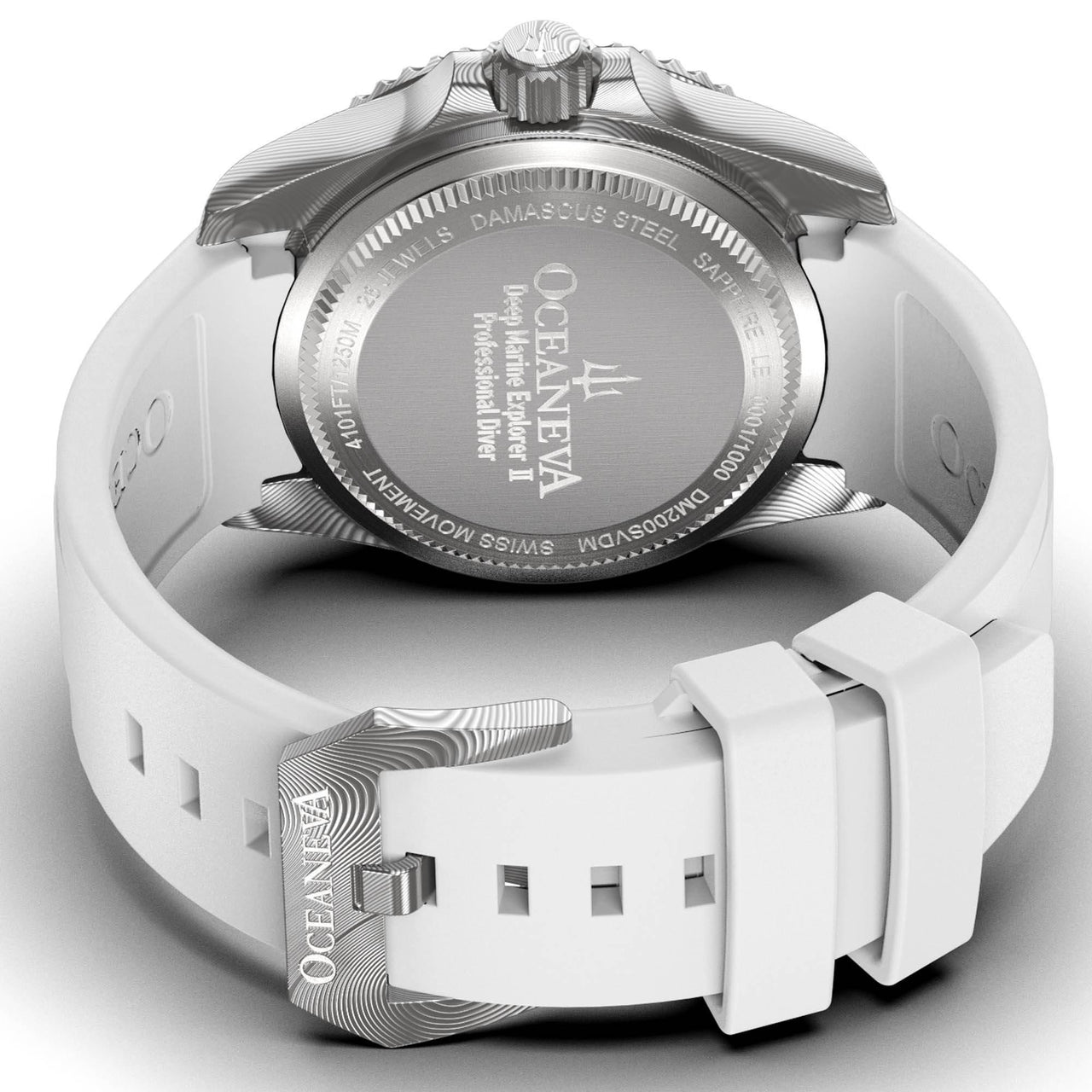 Oceaneva Mens Deep Marine Explorer II Silver Damascus Steel Dial Watch White Rubber - DM200SVDM-White Strap Automatic watches, damascus steel, Damascus Steel Watch, Diver watch, White FKM rubber strap
