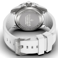 Thumbnail for Oceaneva Mens Deep Marine Explorer II Silver Damascus Steel Dial Watch White Rubber - DM200SVDM-White Strap Automatic watches, damascus steel, Damascus Steel Watch, Diver watch, White FKM rubber strap