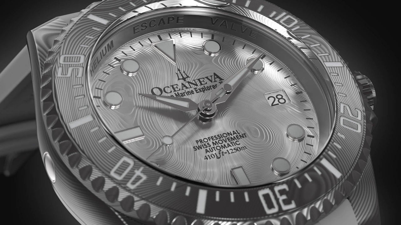 Oceaneva Mens Deep Marine Explorer II Silver Damascus Steel Dial Watch White Rubber - DM200SVDM-White Strap Automatic watches, damascus steel, Damascus Steel Watch, Diver watch, White FKM rubber strap