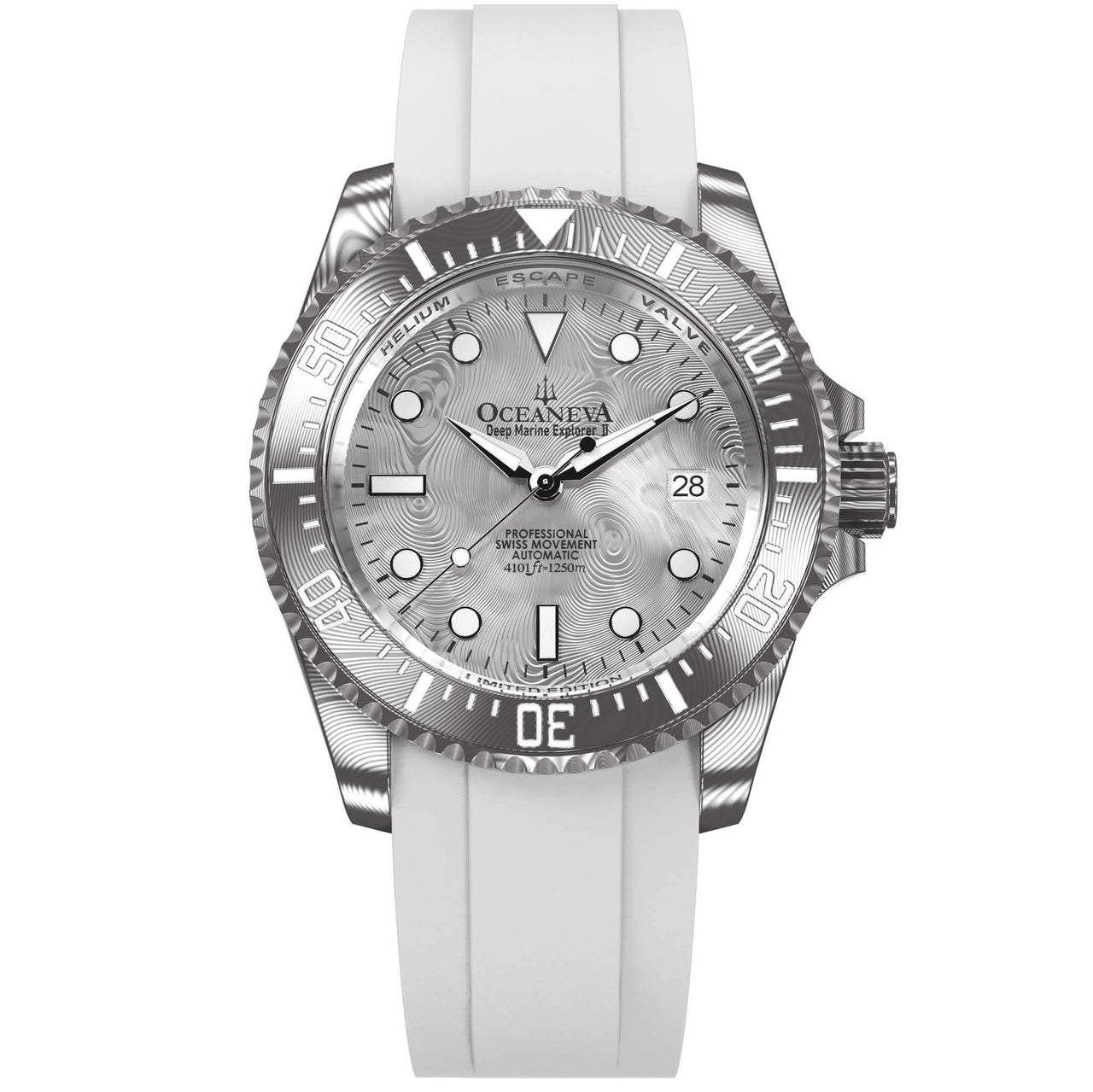 Oceaneva Mens Deep Marine Explorer II Silver Damascus Steel Dial Watch White Rubber - DM200SVDM-White Strap Automatic watches, damascus steel, Damascus Steel Watch, Diver watch, White FKM rubber strap