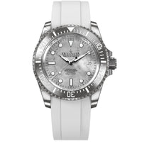 Thumbnail for Oceaneva Mens Deep Marine Explorer II Silver Damascus Steel Dial Watch White Rubber - DM200SVDM-White Strap Automatic watches, damascus steel, Damascus Steel Watch, Diver watch, White FKM rubber strap