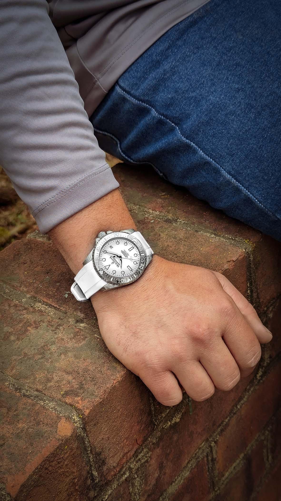 Oceaneva Mens Deep Marine Explorer II White Dial Damascus Steel Watch - DM200WH Automatic watches, damascus steel, Damascus Steel Watch, Diver watch, White FKM rubber strap