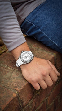 Thumbnail for Oceaneva Mens Deep Marine Explorer II White Dial Damascus Steel Watch - DM200WH Automatic watches, damascus steel, Damascus Steel Watch, Diver watch, White FKM rubber strap