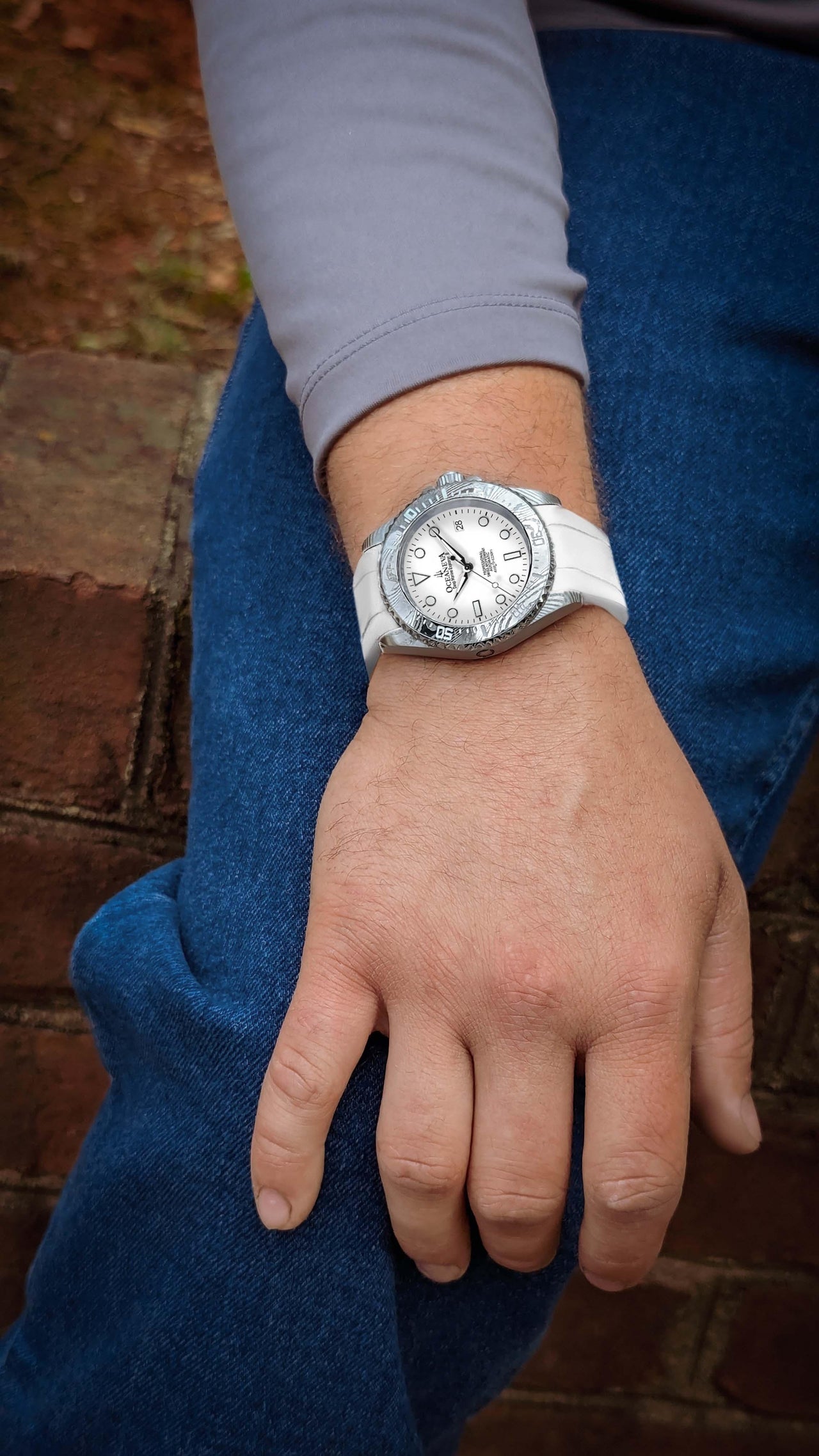Oceaneva Mens Deep Marine Explorer II White Dial Damascus Steel Watch - DM200WH Automatic watches, damascus steel, Damascus Steel Watch, Diver watch, White FKM rubber strap