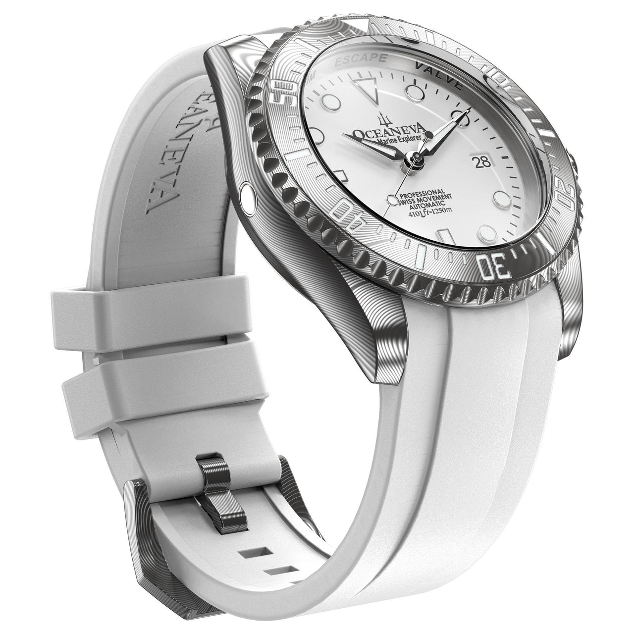 Oceaneva Mens Deep Marine Explorer II White Dial Damascus Steel Watch - DM200WH Automatic watches, damascus steel, Damascus Steel Watch, Diver watch, White FKM rubber strap