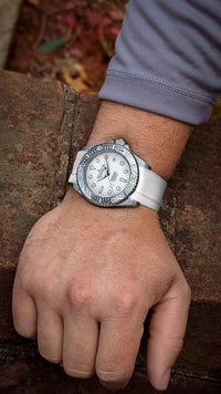 Thumbnail for Oceaneva Mens Deep Marine Explorer II White Dial Damascus Steel Watch - DM200WH Automatic watches, damascus steel, Damascus Steel Watch, Diver watch, White FKM rubber strap