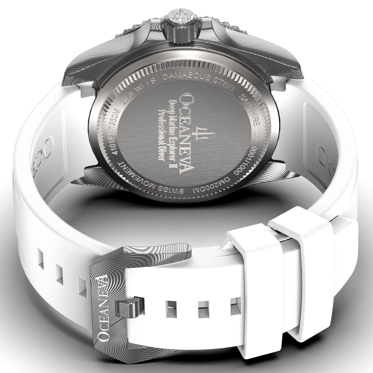 Oceaneva Mens Deep Marine Explorer II White Dial Damascus Steel Watch - DM200WH Automatic watches, damascus steel, Damascus Steel Watch, Diver watch, White FKM rubber strap