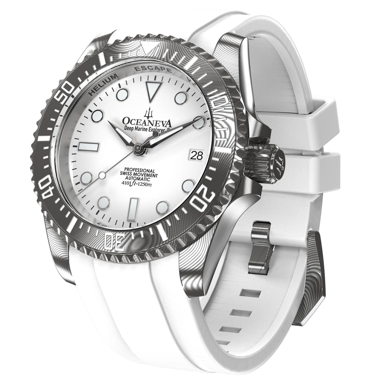 Oceaneva Mens Deep Marine Explorer II White Dial Damascus Steel Watch - DM200WH Automatic watches, damascus steel, Damascus Steel Watch, Diver watch, White FKM rubber strap