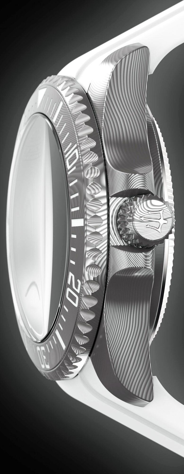 Oceaneva Mens Deep Marine Explorer II White Dial Damascus Steel Watch - DM200WH Automatic watches, damascus steel, Damascus Steel Watch, Diver watch, White FKM rubber strap