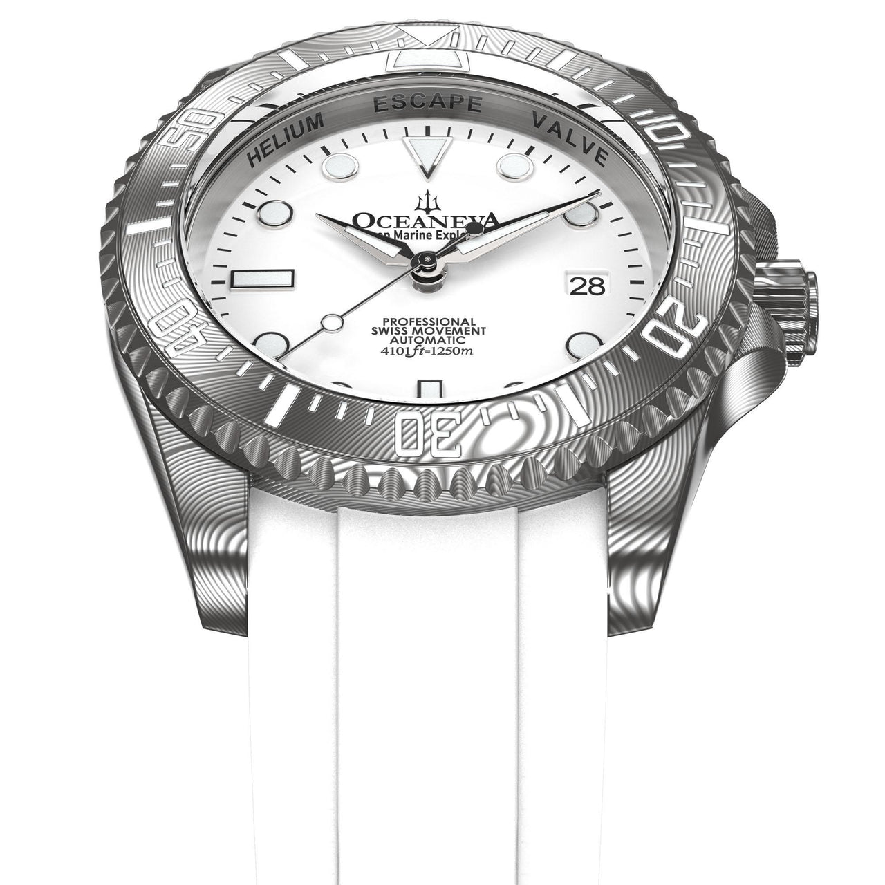Oceaneva Mens Deep Marine Explorer II White Dial Damascus Steel Watch - DM200WH Automatic watches, damascus steel, Damascus Steel Watch, Diver watch, White FKM rubber strap